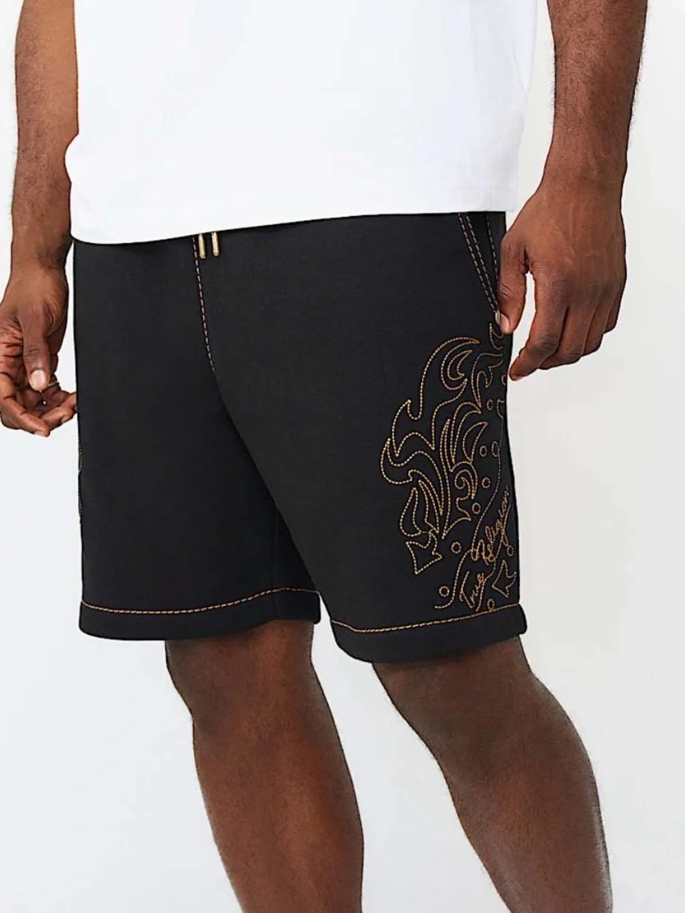 New Authentic Men's True Religion Short Pants Black Gold Stitch Large Summer